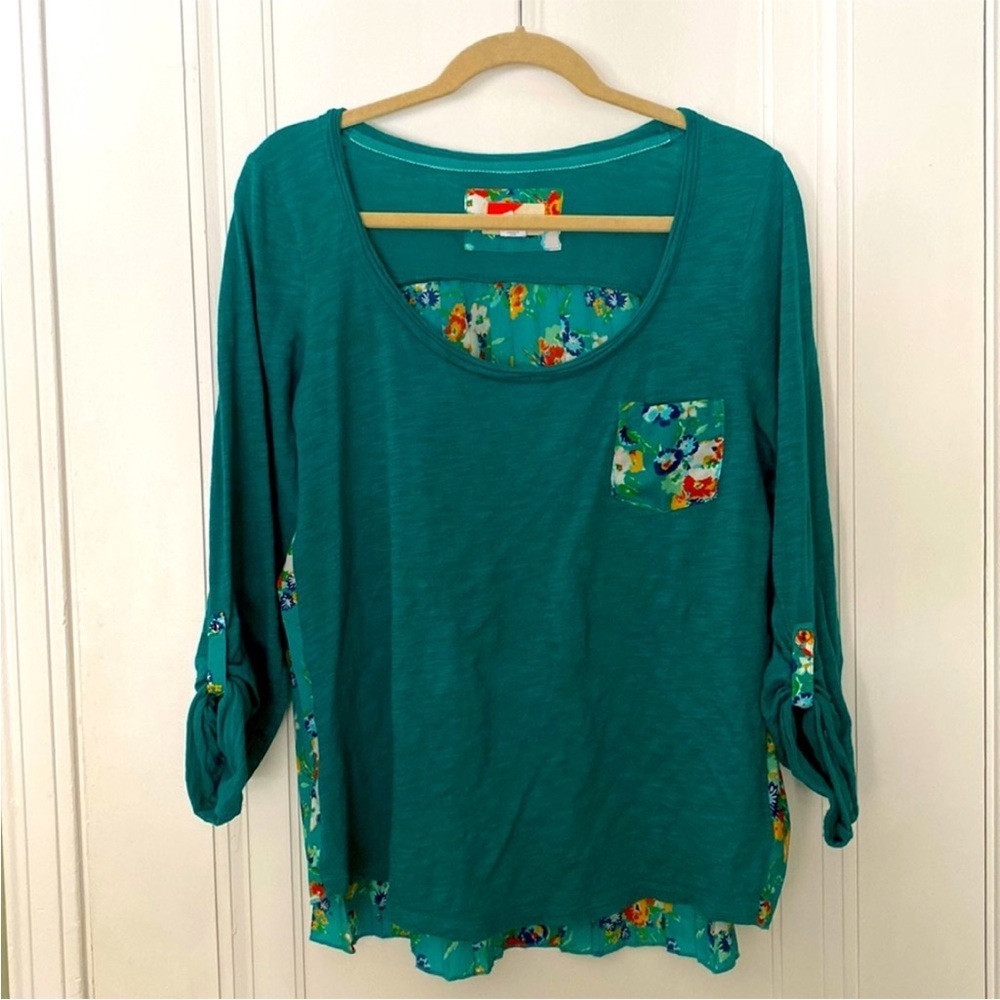 Anthropologie 3/4 length sleeve top size L teal floral